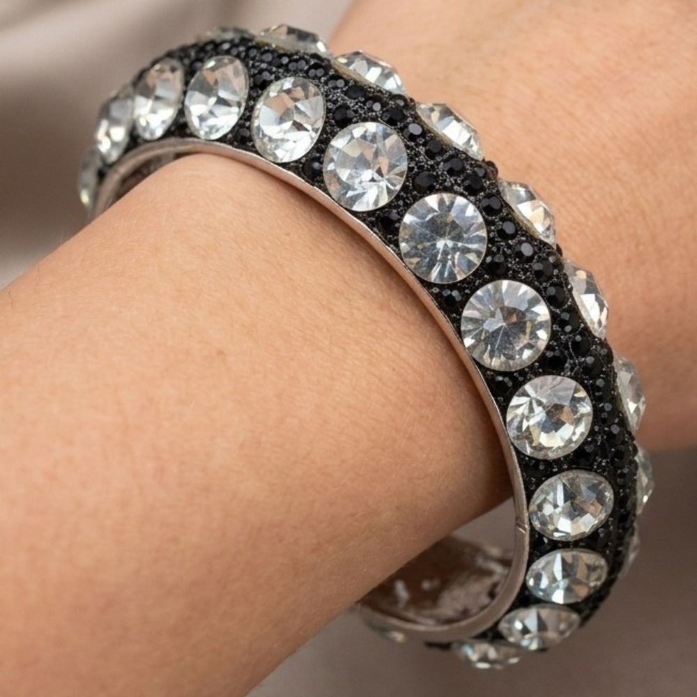 Cara New York Crystal Hinged Bangle Bracelet Black Silver Tone Statement Jewelry
